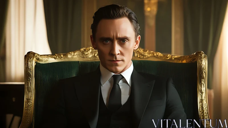 Formal male portrait in ornate armchair, cinematic lighting, suit