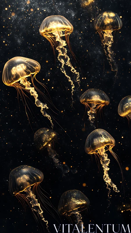 Golden starlight jellyfish drifting through velvet midnight.
