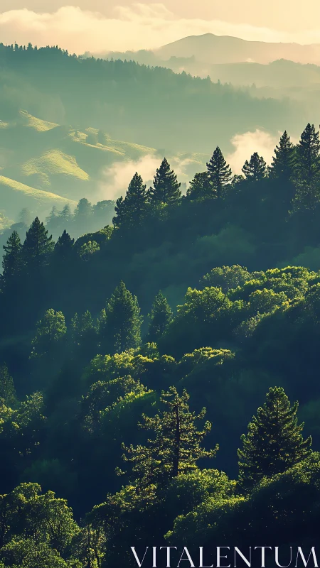 Misty Forest Valley Layered in Golden Atmospheric Haze.