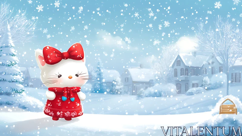 Cartoon white kitten in red dress in snowy village scene.