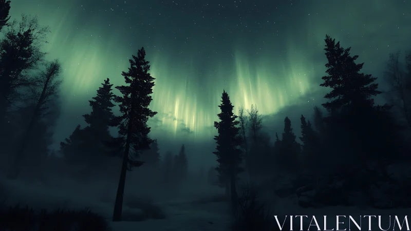 Northern lights shimmer above a misty winter forest night.