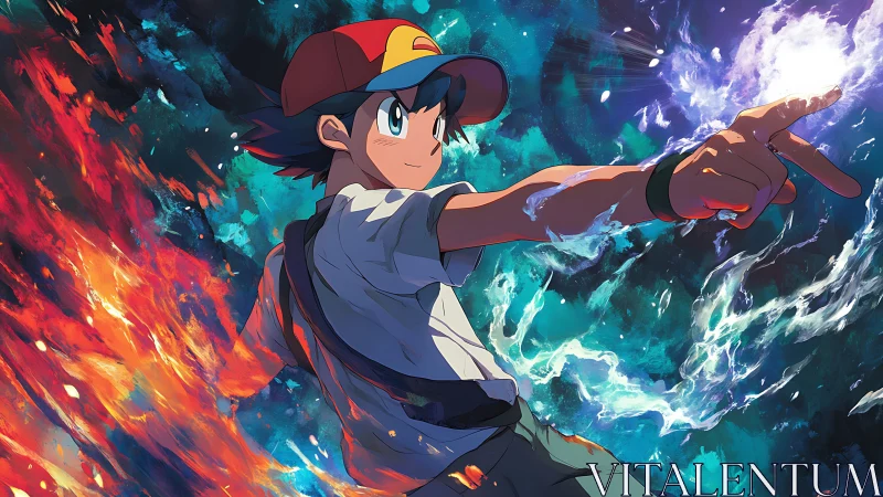 Dynamic anime hero commands opposing elemental energy fields