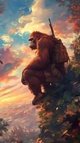 Armored orangutan scout surveys posthuman city at sunset