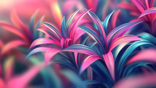 Dreamy neon garden of glowing pink and teal leaves.