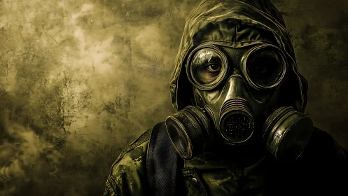 Lone gas mask sentinel peers through toxic sepia haze.