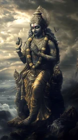 Storm-kissed sea deity in gilded serenity over waves.