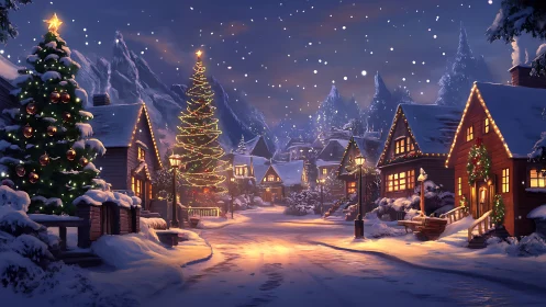 Nocturnal alpine village with luminous festive snowfield street.