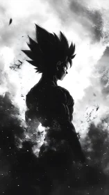 Silhouetted anime warrior rises through swirling storm clouds.