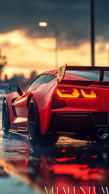 Rear three-quarter view captures rain-soaked red supercar reflections