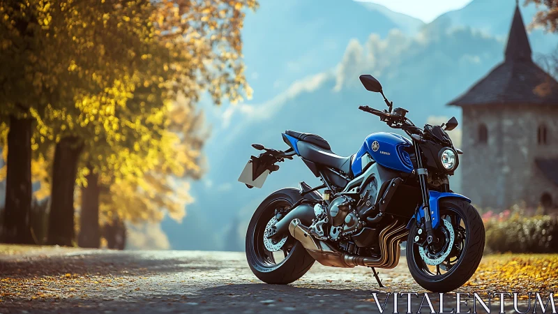 Blue sport motorcycle rests under golden autumn trees.