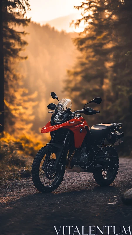 Red BMW adventure motorcycle parked on forest trail at dusk.