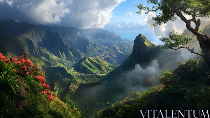 Lush coastal valley with misty peaks under dramatic clouds.