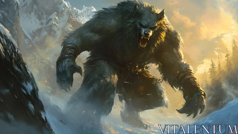 Dynamic werewolf charge across sunlit alpine ravine.