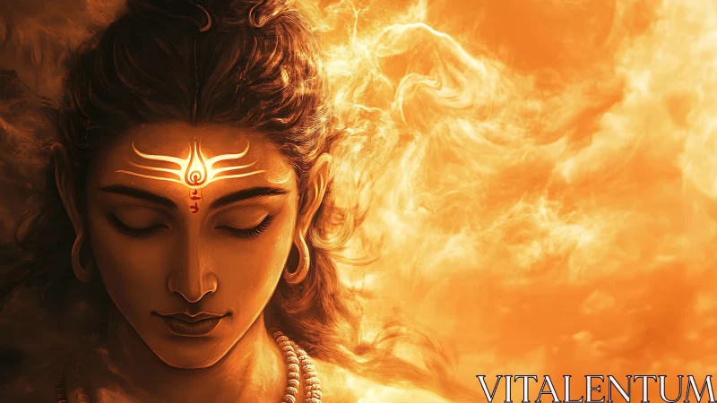 Serene divine face glows within swirling golden light.