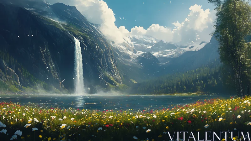 High-dynamic alpine valley panorama with waterfall and wildflower field
