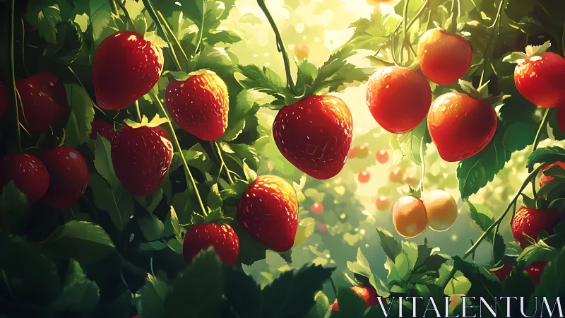 Sunlit strawberries glow softly in a lush summer garden