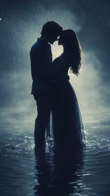 Silhouetted couple embracing in rain over ocean waters