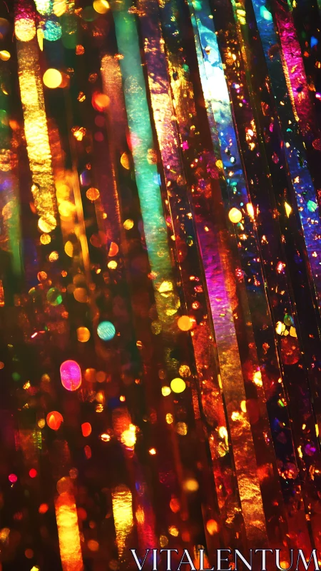 Holographic ribbon cascade drenched in molten carnival light.