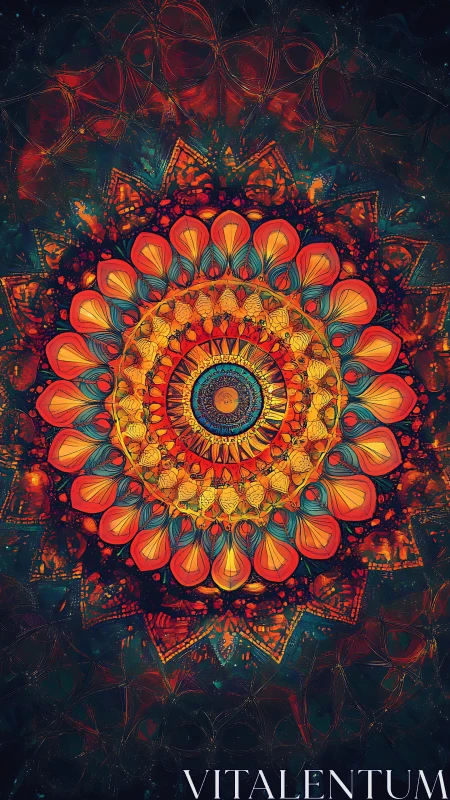 Radiant mandala blooms in fiery cosmic darkness