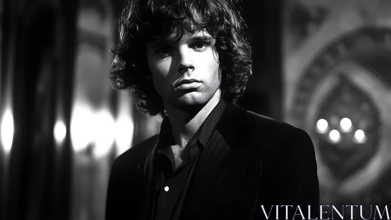 Black and white portrait of man in dim interior setting.