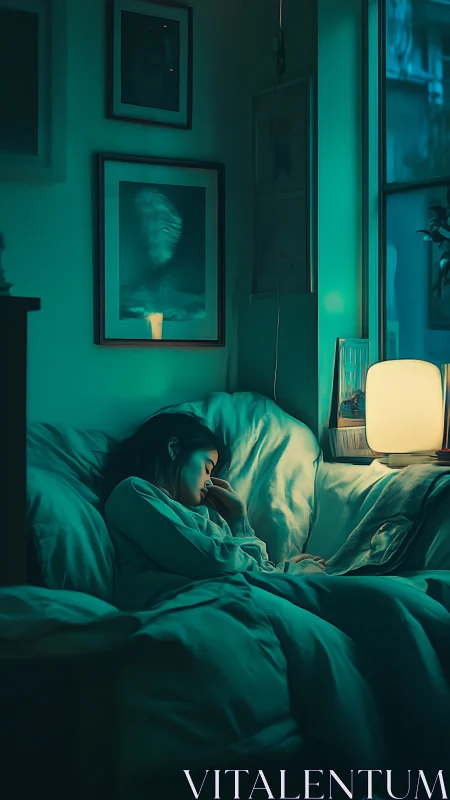 Moody teal night portrait with soft bedside lamp glow.