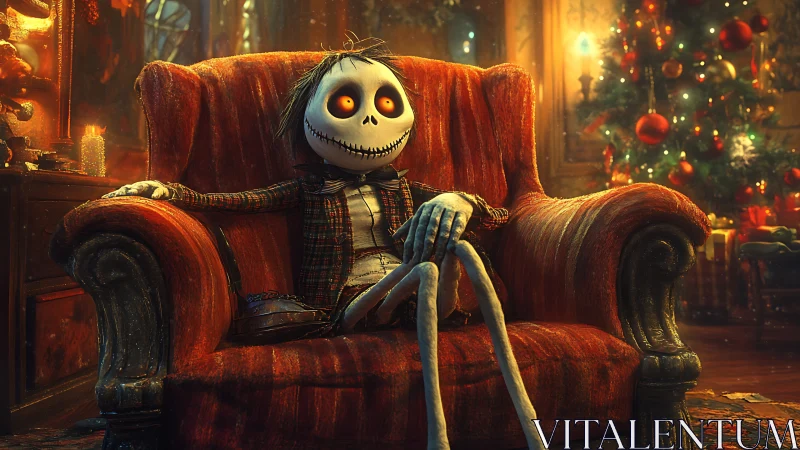Skeletal character on red armchair in warm holiday room.
