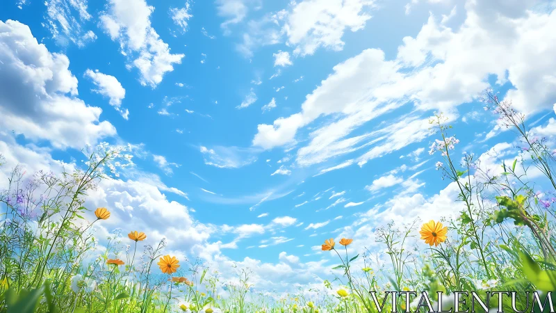 Low-angle spring meadow under expansive cumulus cloud sky