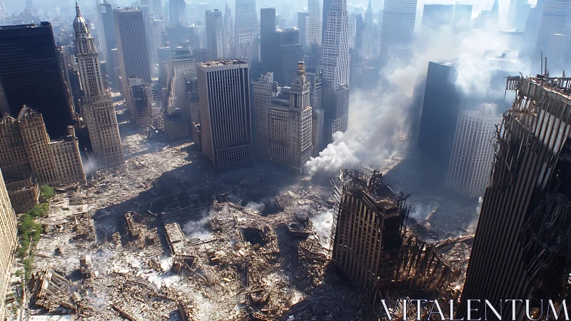 Urban highrise district in extensive structural collapse scene.