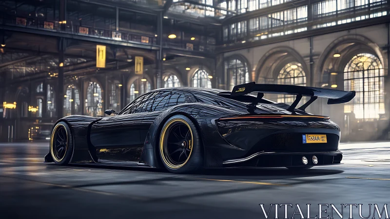 Black carbon hypercar dominates light filled industrial hall.