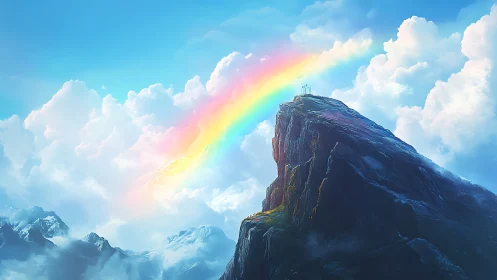 Rainbow bridge arcs over solitary mountain peak altar