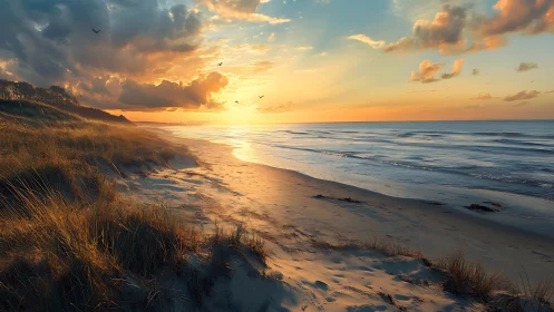 Sunset tides quietly polish the wind-brushed dune shoreline