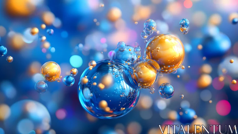 Abstract molecular spheres floating in vibrant blue and gold style.