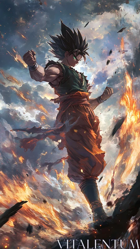 Saiyan warrior ascends through erupting skyfire energy.