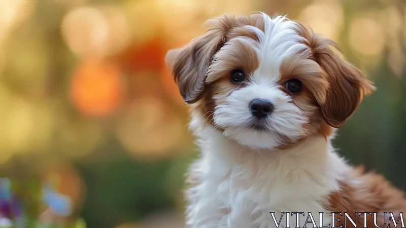Fluffy puppy gaze in a glowing autumn garden scene.