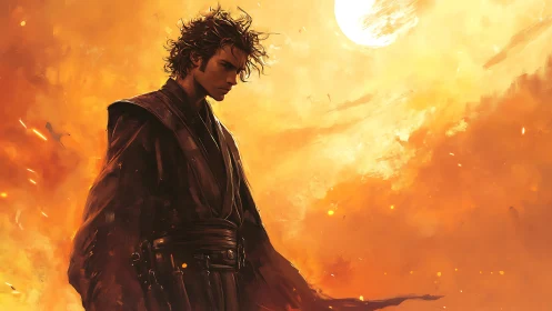 Young robed warrior stands against intense fiery sky