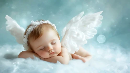Sleeping infant with white wings on soft cloud background.