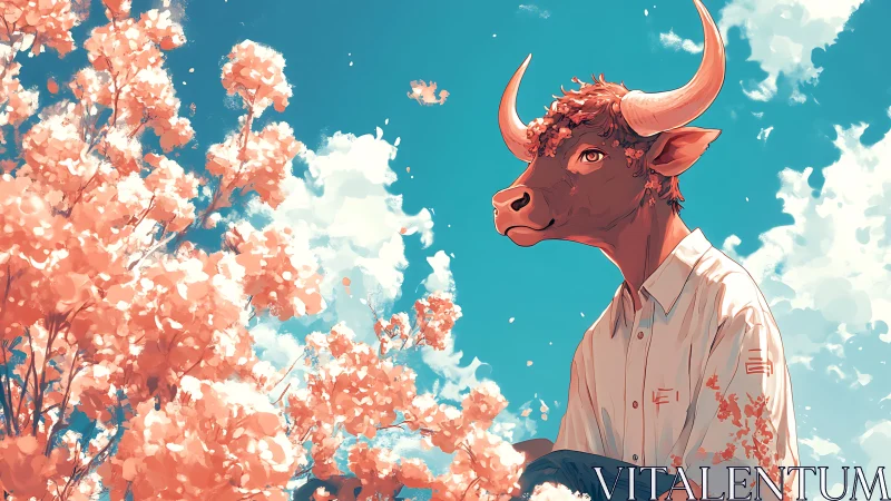 Gentle bull-headed figure rests beneath soft pink blossoms