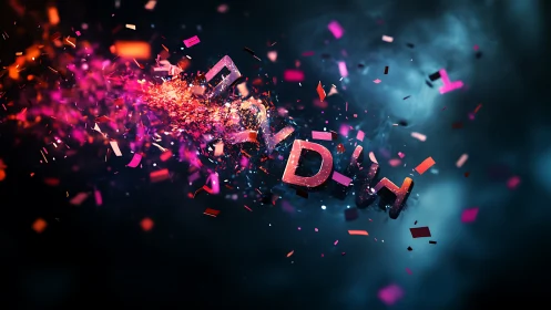 Shattered neon letters explode into a storm of glowing confetti