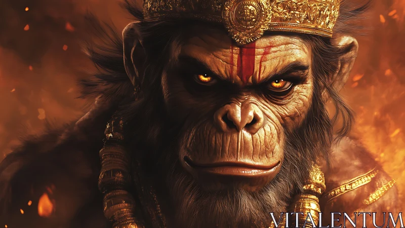 Divine warrior monkey deity glares through swirling embers