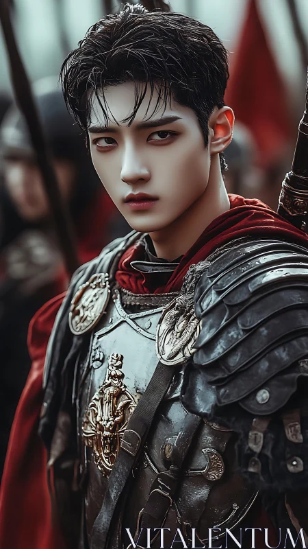 Young battlefield commander in ornate dark plate armor portrait