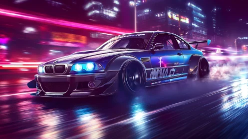 Neon-soaked BMW drift machine under cybernetic city lights.