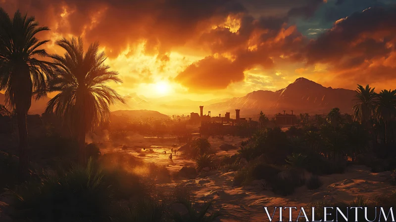 Desert oasis settlement glows under intense orange sunset