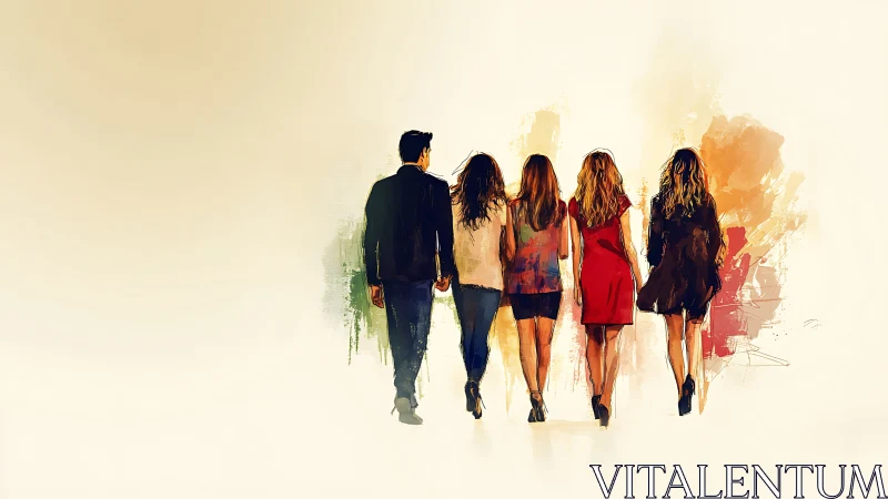 Group of Friends Walking Away, Watercolor Art Style Illustration.