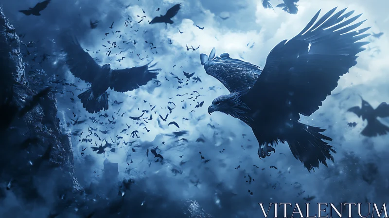 Aerial raptor swarm in storm-laden monochrome atmosphere.