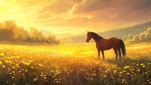 Solitary horse stands glowing in a golden sunset meadow