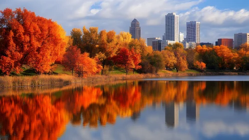 Autumn skyline reflects across calm urban lakeside water