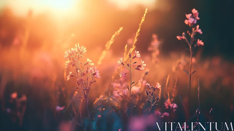 Soft golden sunset meadow with dreamy wildflower glow.