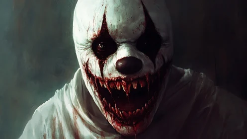 Grotesque bloodstained clown portrait rendered in dark chiaroscuro