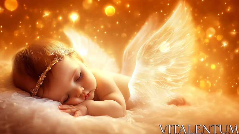 Sleeping angelic baby in glowing golden light field.