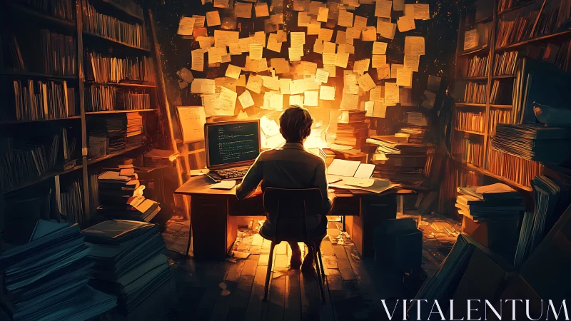 Solitary coder studies code amid towering paper archives